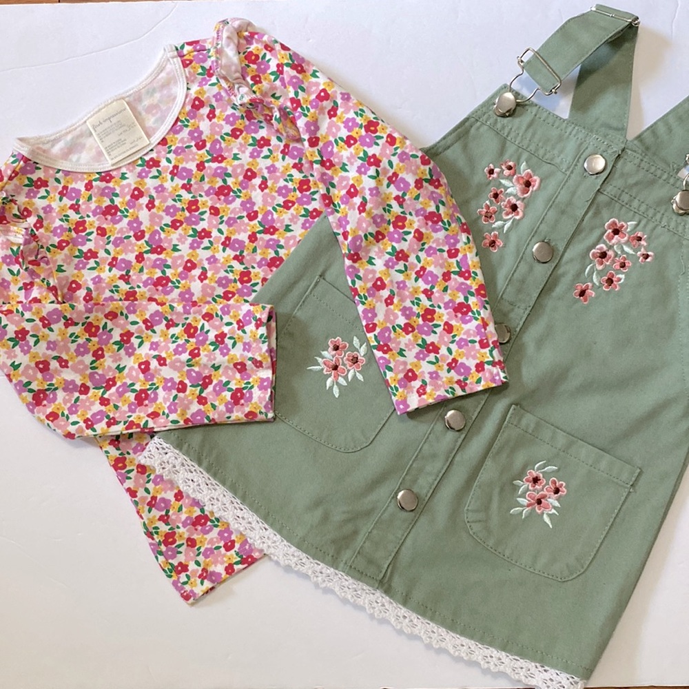 Vintage girls 2T overall green denim dress, lace hem, first impression top-2pc